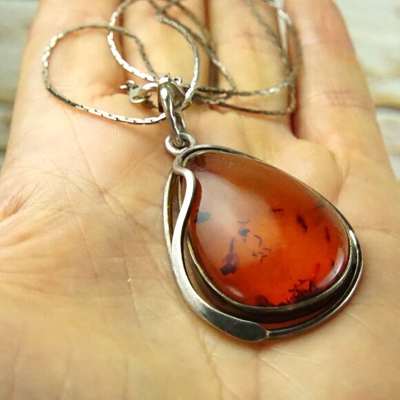 Big Amber and 925 Silver Pendant With 18" Fine Chain - Amber Gift For Her - Picture 1 of 15